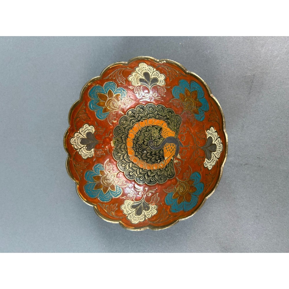 Vintage Brass Enamel Peacock Bowl Red Blue Scalloped Edge Decorative Dish 5 inch